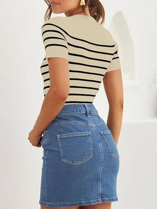 ZESICA Women's Short Sleeve Crewneck Striped T Shirt 2026 Summer Ribbed Knit Slim Fit Casual Basic Tee Tops