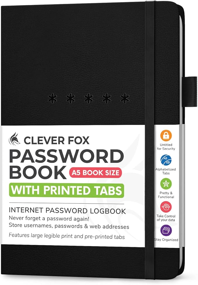 Clever Fox Password Book – Alphabetized Internet Address & Password Organizer – Computer & Website Password Keeper Notebook – Log-In Password Journal - Medium, A5, 8.3x5.8″, Hardcover (Black)