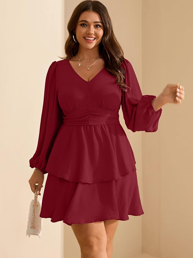 RWJ Plus Size Dresses for Curvy Women V Neck Long Sleeve Elastic Waist Fall Wedding Guest Layer Casual Mini Dress