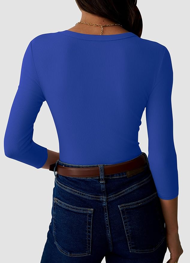 Womens 3/4 Sleeve Scoop Neck Top Ribbed Knit Slim Fitted Casual Basic Tee Shirts 2025 Fall Trendy Work T-Shirt Outfits