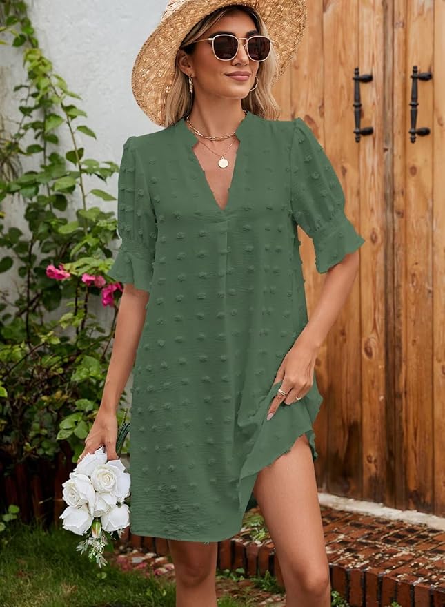 QACOHU Summer Dresses for Women V Neck Ruffle Short Sleeve Casual Shift Dress