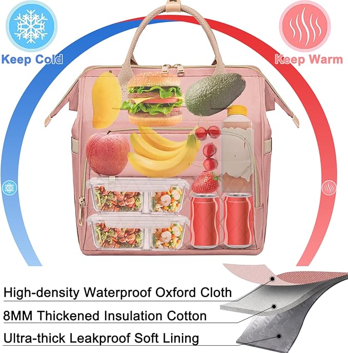 AIJIEKE Lunch Bag for Women, Leakproof & Insulated Work Lunch Box Tote, Reusable Adult Cooler Bag with Water Bottle Side Pocket & Removable Shoulder Strap, Pink