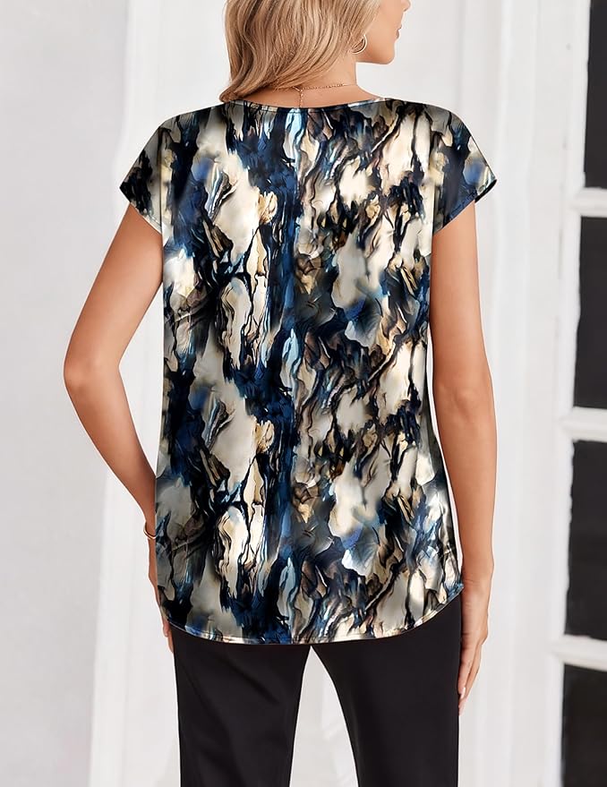 Zeagoo Women Silk Satin Tops Cap Short Sleeve Blouse V Neck Shirts Business Casual Outfits S-2XL