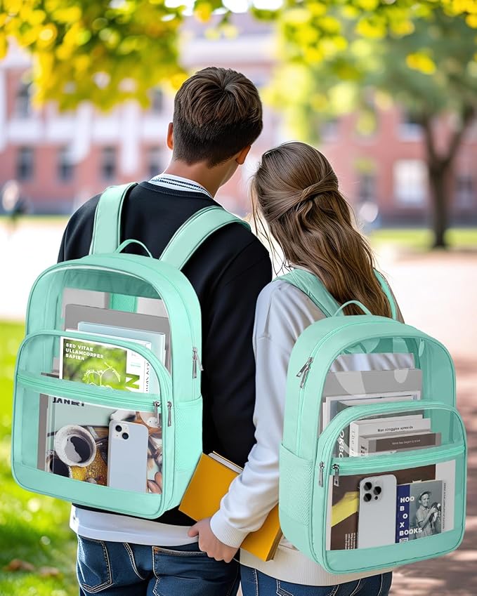 KIMNERPU Clear Backpack, Heavy Duty Transparent Bookbag for School, Fabric & PVC Transparent Backpack with Reinforced Strap for Women Men, Capacity Clear Bag for College, Turquoise