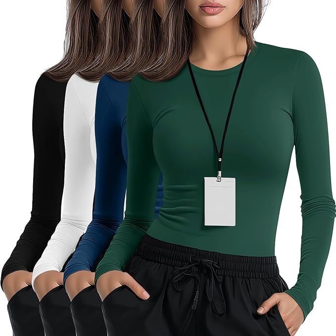 4 Pack Women's Underscrub Shirts Nurse Undershirts Long Sleeve Crewneck Slim Fit Tops Soft Stretchy Basic Tee