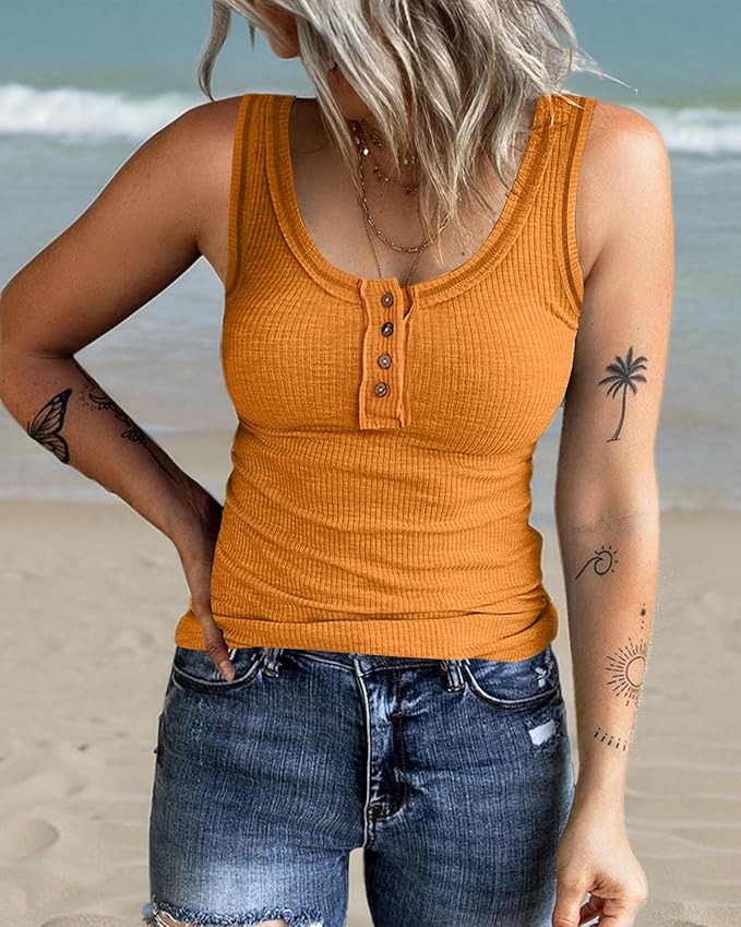 KINLONSAIR Women's Sleeveless Henley Tank Tops Ribbed V Neck Button Down T Shirts Summer Slim Fit Tee Tops