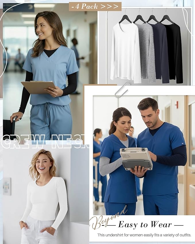 4 Pack Women's Underscrub Shirts Nurse Undershirts Long Sleeve Crewneck Slim Fit Tops Soft Stretchy Basic Tee
