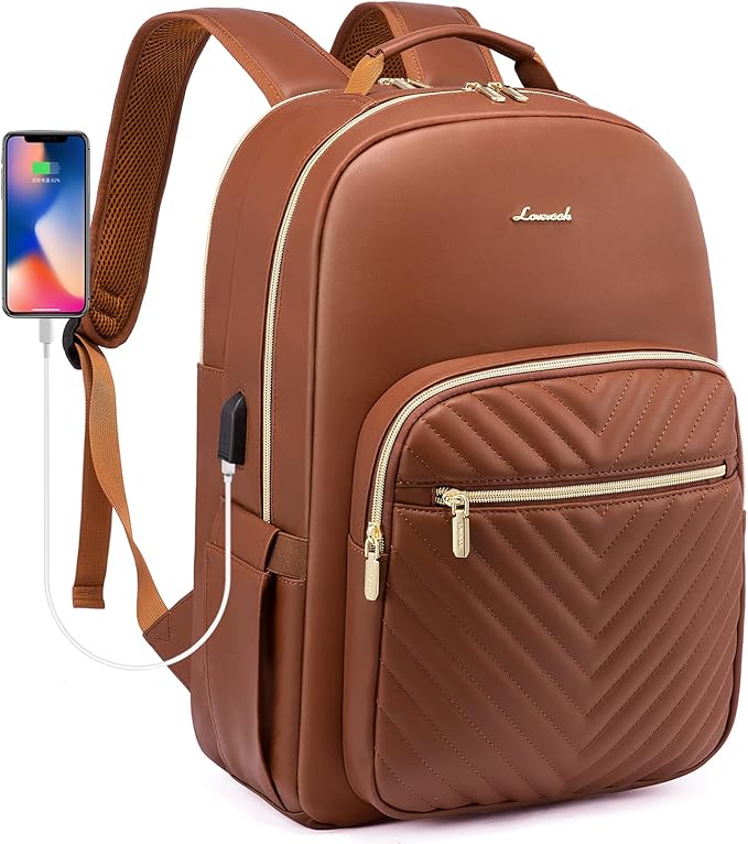 LOVEVOOK Laptop Backpack Purse for Women, Large Capacity Travel Computer Work Bag, Faux PU Leather Quilted Casual Nurse Backpack for Womens, Fit 15.6 Inch Laptop with USB Port, Brown