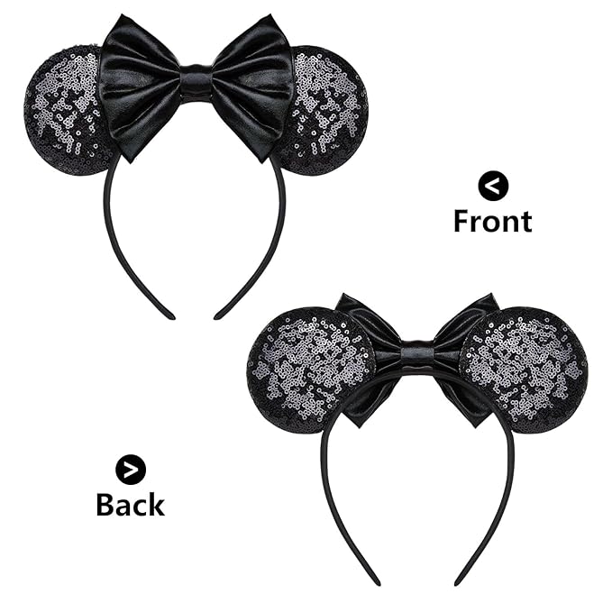 HAMUTH Mouse Ears Headband,Black Leather Ears for Women Girls Boys,Mouse Ears with Bow Hairs Accessories for Party Trip Parks CospLay Decorations