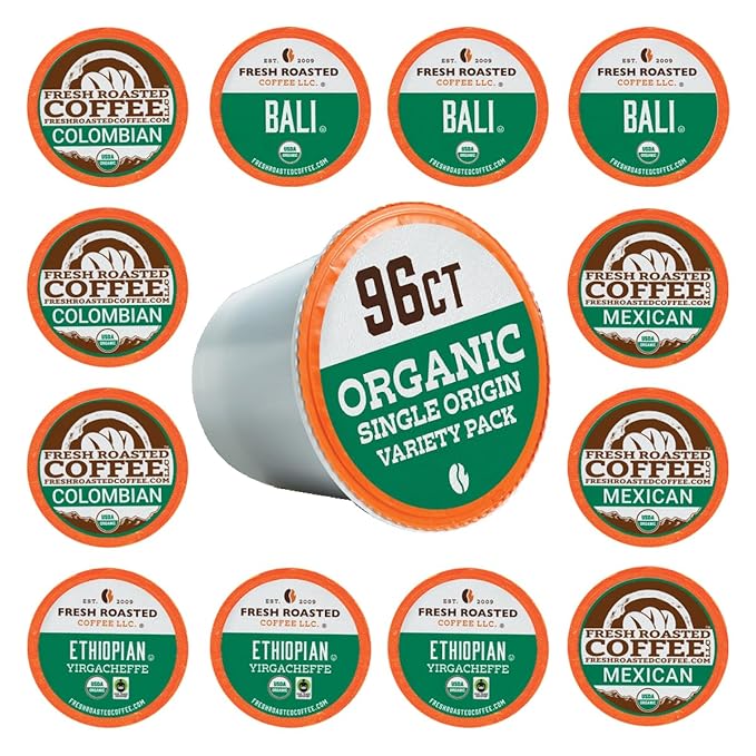 Fresh Roasted Coffee, Organic Single-Origin Variety Pack | USDA Organic, Kosher | K-Cup Compatible, 96 Pods