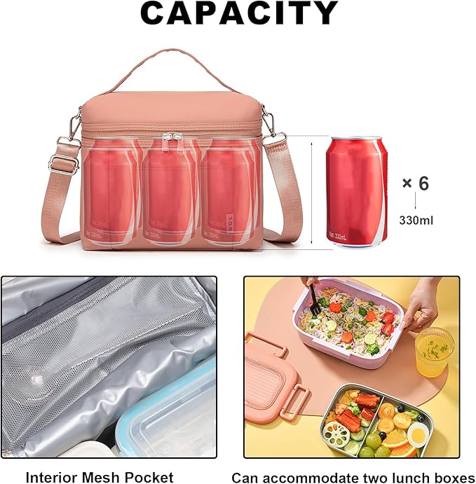NOL Natural Organic Lifestyle Insulated Lunch Bags for Women Cooler Bag Lightweight Nylon Waterproof Lunch Box For Work (Small, Dark Pink)