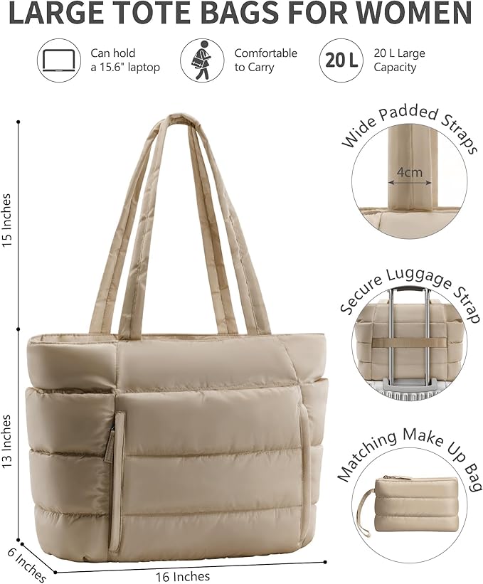 Puffer Tote Bag for Women, Lightweight Puffy Work Handbag Teacher Nurse Quilted Shoulder Bag for School Travel Gym | Quilted, with Zipper, Daily Carry On Bags, Comfy College Bags, 15.6" Laptop Sleeve, Cup Holder Pocket, Portable, Spacious