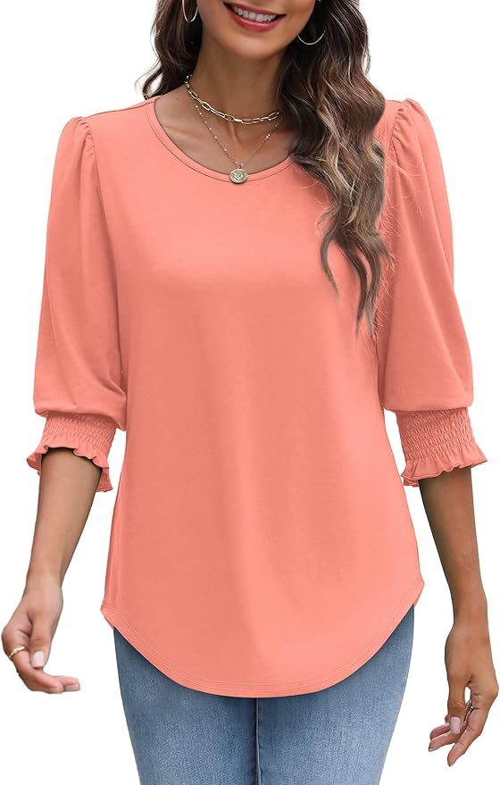 XIEERDUO Blouses for Women Dressy Casual 3/4 Length Sleeve Womens Tops with Smocked Cuffs