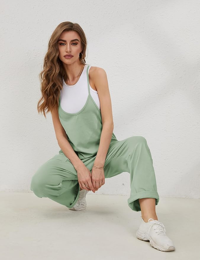 Lentta Women's Causal Jumpsuits V Neck Sleeveless Harem Overalls Stretchy Adjustable Strap Romper with Pockets