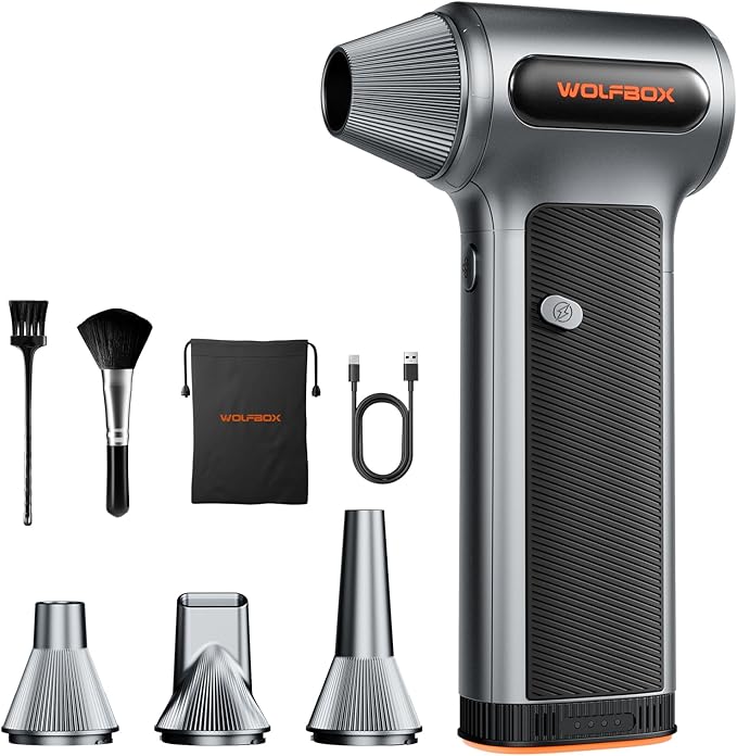 WOLFBOX MF200 Compressed Air Duster with Removable Battery & 4 Nozzles, Cordless 3-Speed Adjustable Mini Blower for Computer Keyboard, Car Cleaning, Home, and Outdoor Use