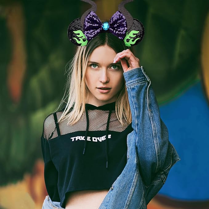 RAZKO Mouse Ears Headband, Sequin Maleficent Mouse Ears Hairband Mice ears Headband for Women Girls Hair Accessories (Flaming Maleficent)