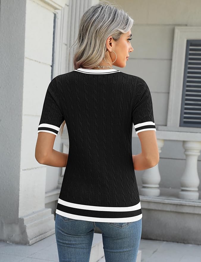 Micoson Womens Short Sleeve Cable Knit Sweater Tops Crewneck Lightweight Spring Summer Shirts Business Dressy Casual Outfits