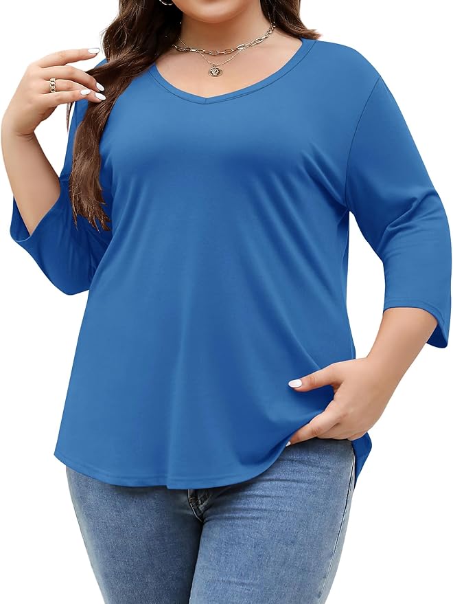 TFSDOD Womens Plus Size Tops V Neck T Shirts 3/4 Sleeve Blouse Summer Casual Tees XL-5X
