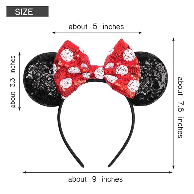 bianbaistar Sequin Mouse Ears，Black and Red Polka Dot Mouse Ear Headband for Holiday or Amusement Park Accessories，Princess Dress Up Hair Accessory