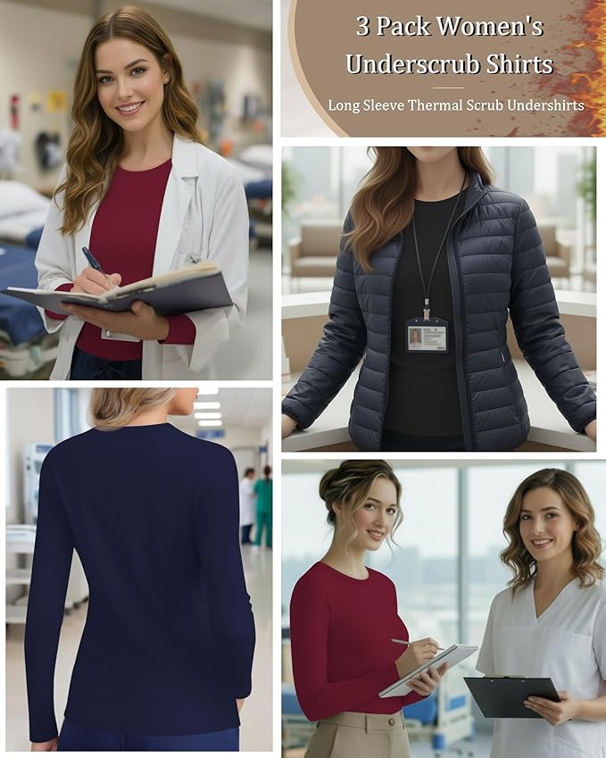 3 Pack Women's Underscrub Shirts Long Sleeve Thermal Scrub Undershirts Nurse Crew Neck Slim Fit Fleece Top Basic Tee