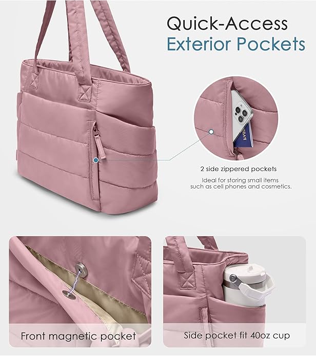 Tote Bag for Women with Zipper, Quilted Puffer Tote Bag with Compartments, Lightweight Puffy Work Bags for Women Travel