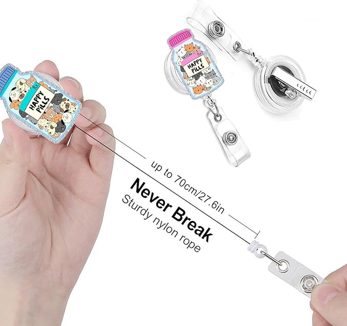 Happy Pills Cat Dog Badge Reels Retractable Funny Cute Badge Holder with Badge Reel ID Clip Name Tag Card Tag Card Badge Clip Acrylic Accessories Gifts Nurse