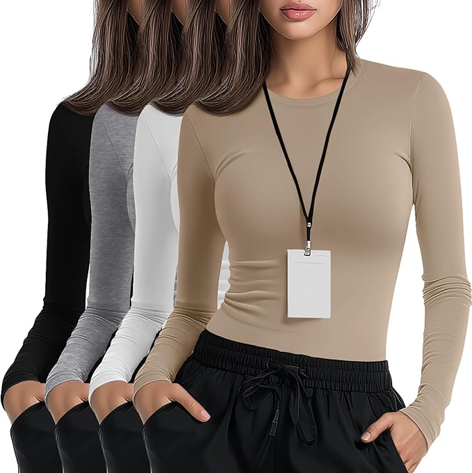 4 Pack Women's Underscrub Shirts Nurse Undershirts Long Sleeve Crewneck Slim Fit Tops Soft Stretchy Basic Tee