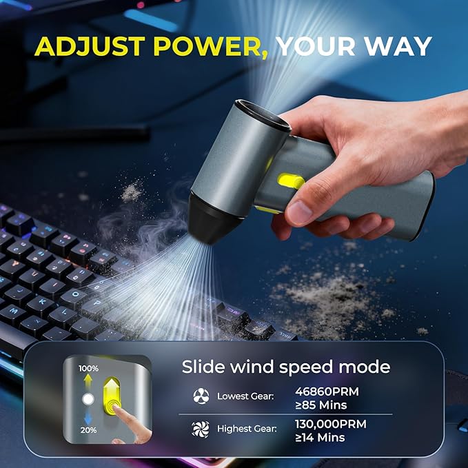 Compressed Air Duster, 130000RPM Brushless Motor, Super Power Air Duster Electric, Aluminum Alloy Body, Dust Blower with Fast Charging for Car, Computer, Keyboard, Outdoors and House