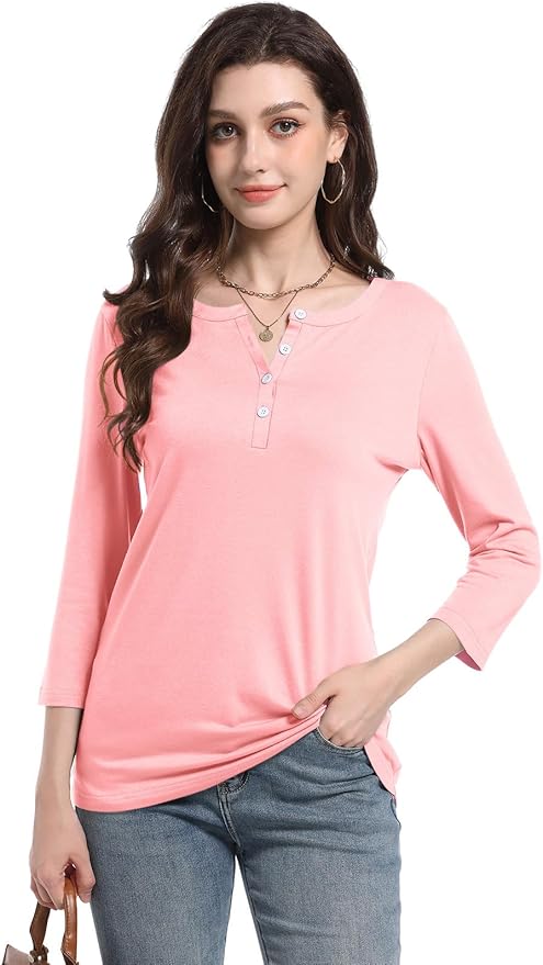 PGANDS Women's 3/4 Length Sleeve T Shirts Button Down Scoop Neck Casual Tops