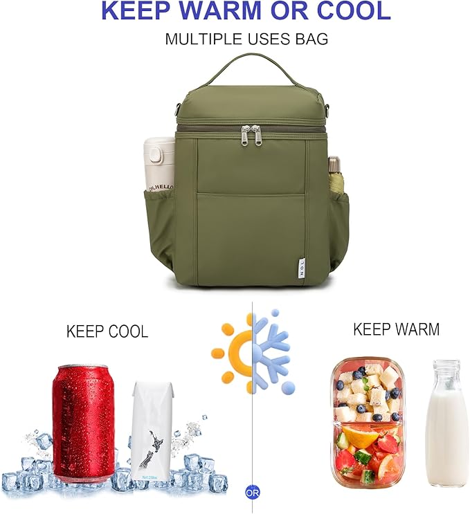 NOL Natural Organic Lifestyle Insulated Lunch Bags for Women Cooler Bag Lightweight Nylon Waterproof Lunch Box For Work (Amy green, Large)
