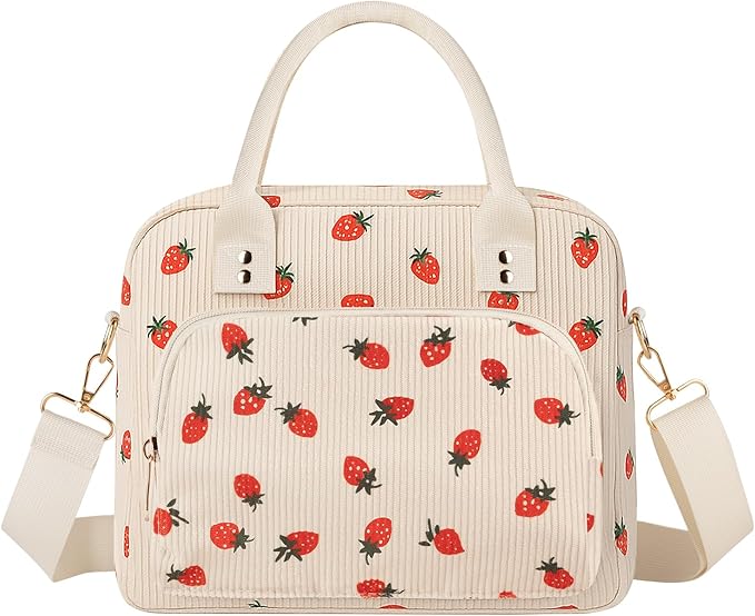 Lunch Bag Large Insulated Lunch Box for Women Adult Cute Beige Strawberry Lunchbox Corduroy Lunch Bags Boxes Pail with Shoulder Strap for Work Mom Picnic Office Travel 11.4×6.8×9.1 inches 11.5L