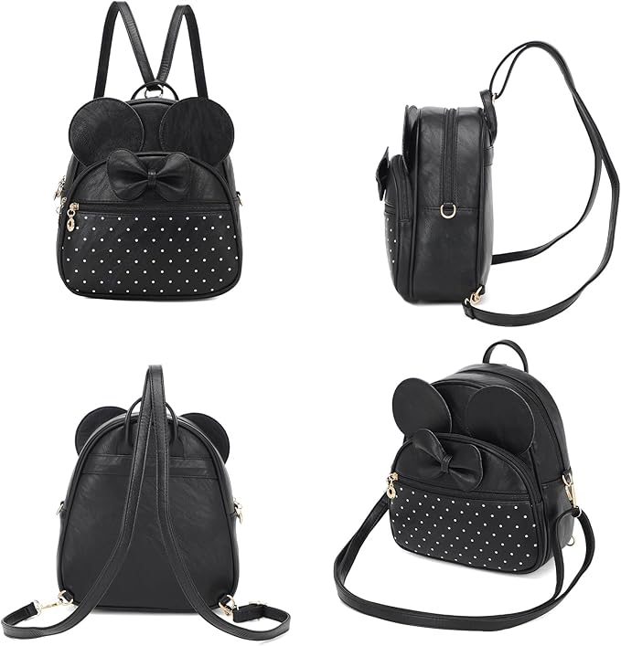 KL928 Girls Mini Backpack Bowknot Polka Dot Cute Daypacks Convertible Shoulder Bag Purse for Women (Black)