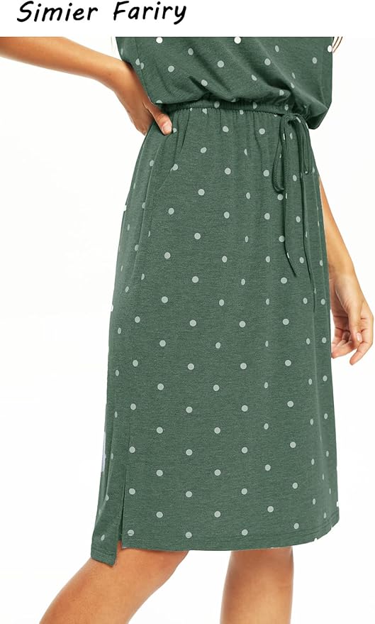 Simier Fariry Womens Spring Hide Belly Knee Length Travel Dress Pocket Summer Short Sleeve Midi Work Casual Outfits