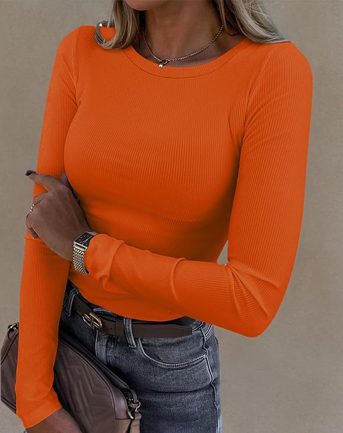 Roselux Womens Long Sleeve Stretch Crewneck Ribbed T-Shirt Fitted Casual Basic Tops