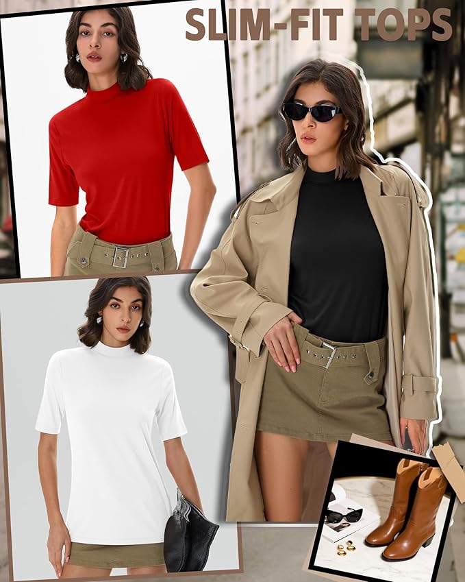 Ficerd 3 Pack Women's 1/2 Sleeve Mock Turtleneck Shirts, Elbow Length Shirt Half Sleeve Tunic Top Casual Summer Basic Tees