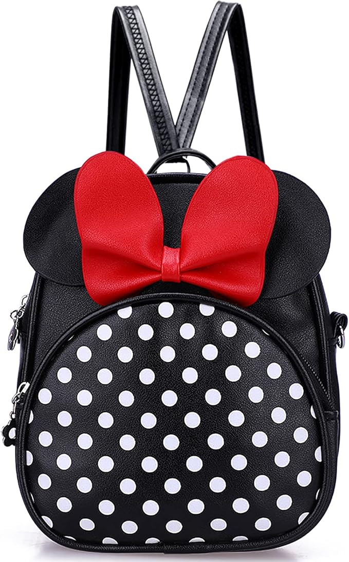 Voikukka Mini Mouse Backpacks for Toddler Girls Small Kids Backpack Black Leather Travel Bag Childrens Purse Cute Toddler Backpack for Girl Gift Girl Polka Dot Bag