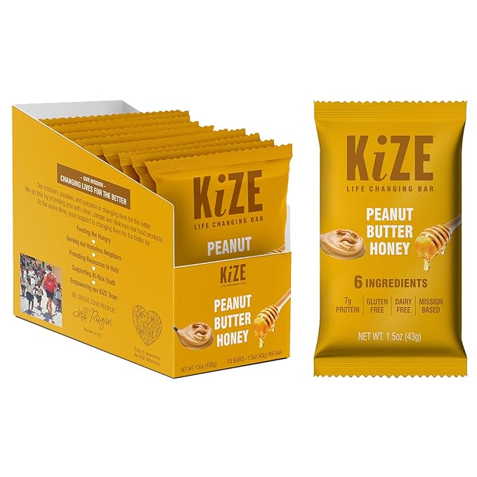KiZE Energy Bars - Peanut Butter Honey - Gluten Free, Dairy Free, Non-GMO, and High Protein Meal Replacement Energy Bars, Clean and Simple Food Ingredients - 7g High Protein Snacks, (10 Count)