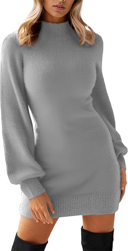 GRECERELLE 2026 Women's Mock Neck Ribbed Long Sleeve Bodycon Pullover Cute Mini Sweater Dress (XS-2XL)