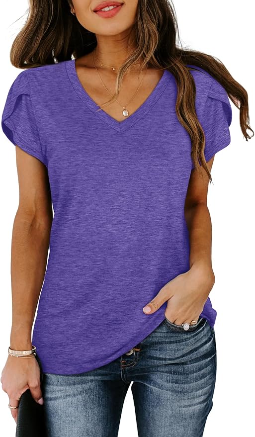 WIHOLL Womens Tops V Neck Summer Petal Sleeve Casual Tshirts