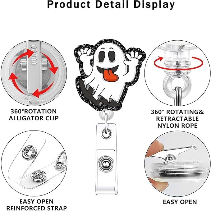 Halloween Ghost Badge Reels Retractable Funny Cute Badge Holder with Badge Reel ID Clip Name Tag Card Tag Card Badge Clip Acrylic Accessories Gifts Nurse