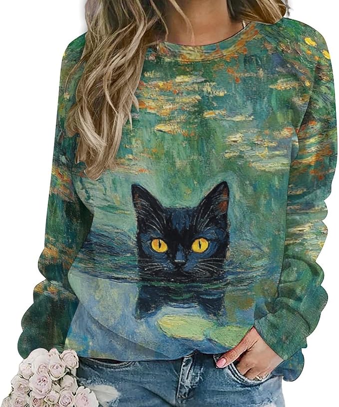 Spatofa Womens novelty funny cat printed crewneck sweatshirt casual loose long sleeve graphic pullover sweatshirts tops
