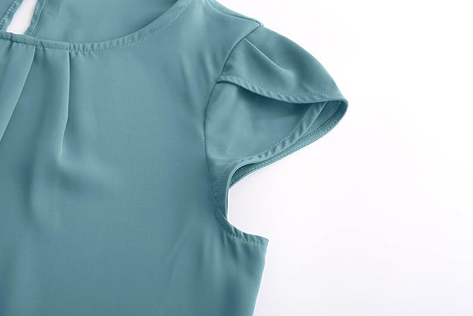 TASAMO Women's Casual Round Neck Basic Pleated Top Cap Sleeve Curved Keyhole Back Chiffon Blouse