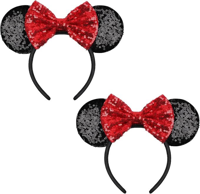 YUNISS 2 PCS Mouse Ears, Shiny Sequin Bow Mouse Ears Headbands for Adult Women Girls Christmas Birthday Party
