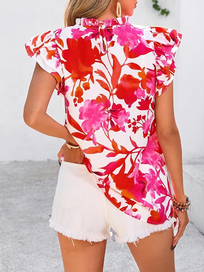 PRETTYGARDEN Women's Ruffle Short Sleeve Summer Tops 2026 Trendy Floral Trim Neck Casual Dressy Chiffon Boho Blouses Shirts