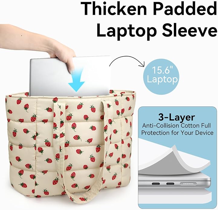 Puffer Tote Bag for Women, Lightweight Puffy Shoulder Bag with Handbag for Travel, Work, Gym, Laptop Bag for Nurse Teacher