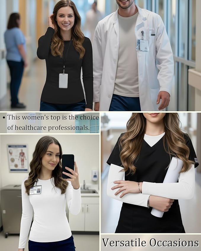 3 Pack Women's Underscrub Shirts Long Sleeve Thermal Scrub Undershirts Nurse Crew Neck Slim Fit Fleece Top Basic Tee