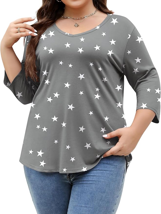 TFSDOD Womens Plus Size Tops V Neck T Shirts 3/4 Sleeve Blouse Summer Casual Tees XL-5X