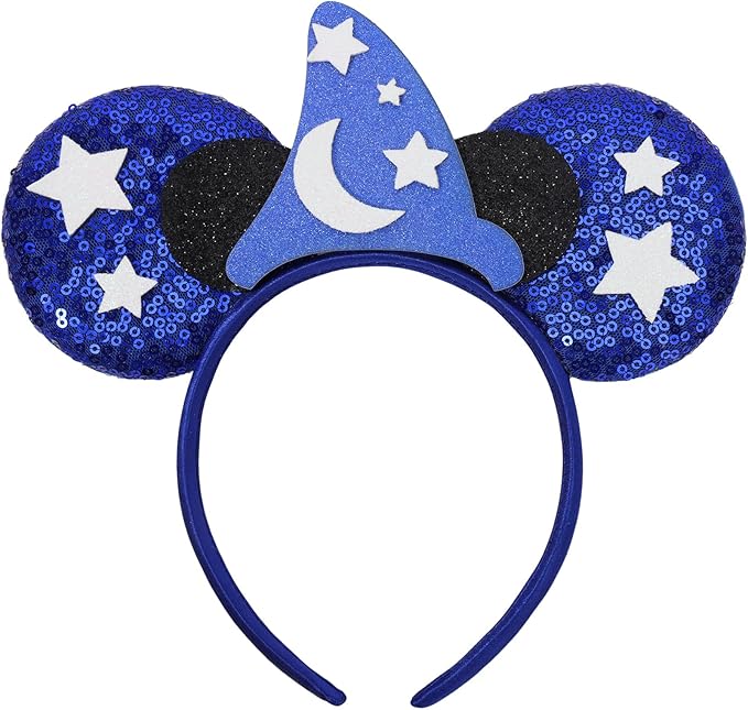 ETLUK Mouse Ears Headband, Blue Wizard Ears Sequin Bow Headband for Adult Kids Women Girls Boys, Parks Ears for Cosplay Accessories Party Decorations