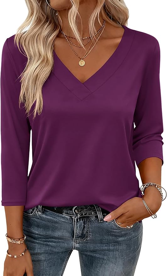 Zeagoo 3/4 Length Sleeve Womens Tops V Neck Shirt Dressy Casual Blouse Basic Tshirts 2026 Fashion Clothing S-2XL