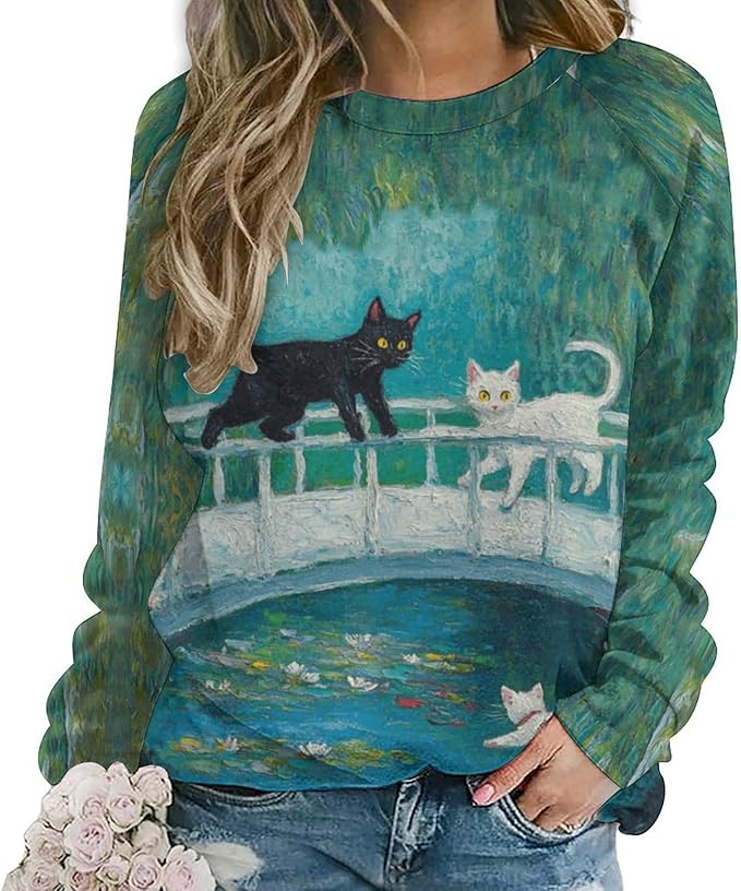 Spatofa Womens novelty funny cat printed crewneck sweatshirt casual loose long sleeve graphic pullover sweatshirts tops
